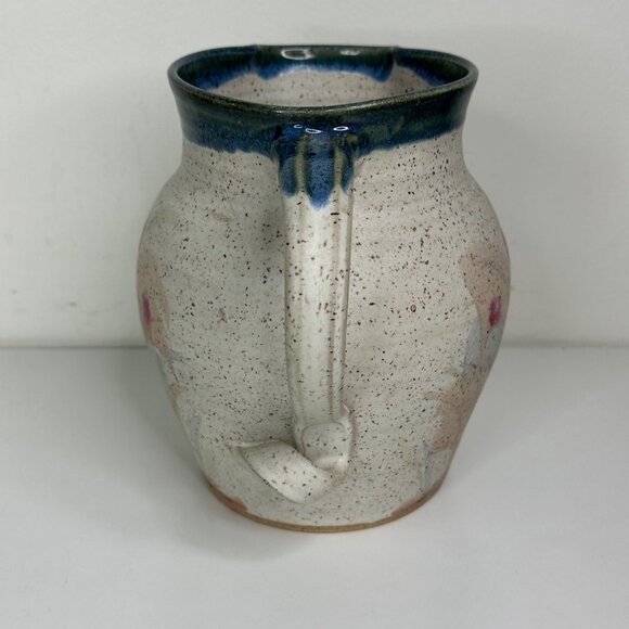 Russell Wood Speckled Ceramic Pitcher With Hand-Painted Floral Design & Blue Rim - Picture 2 of 10